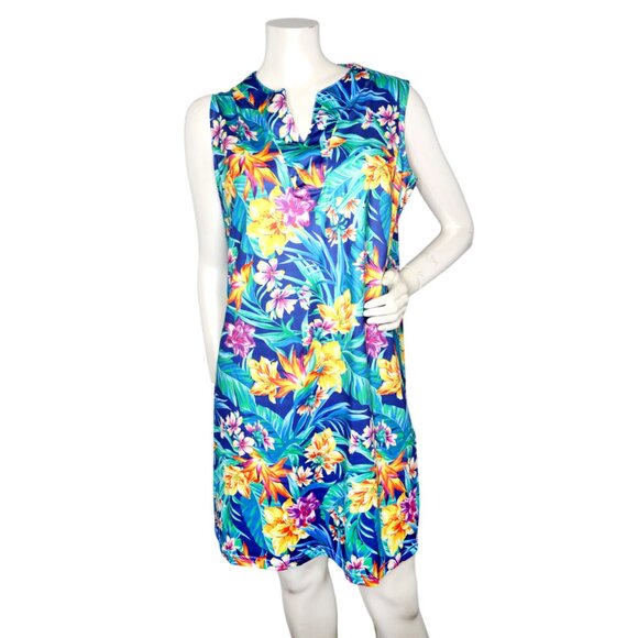 Caribbean Joe Tropical Floral Stretch Shift Dress Sleeveless Resort Beach Blue - Picture 3 of 12